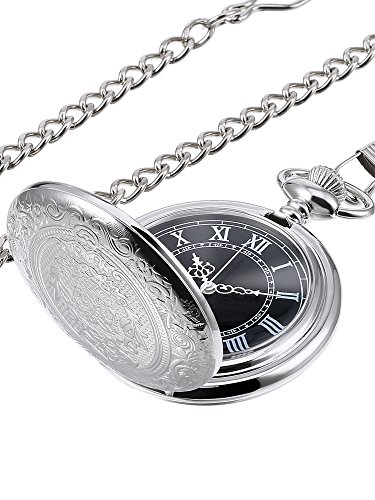 Hicarer Quartz Pocket Watch for Men with Black Dial and Chain (Silver)