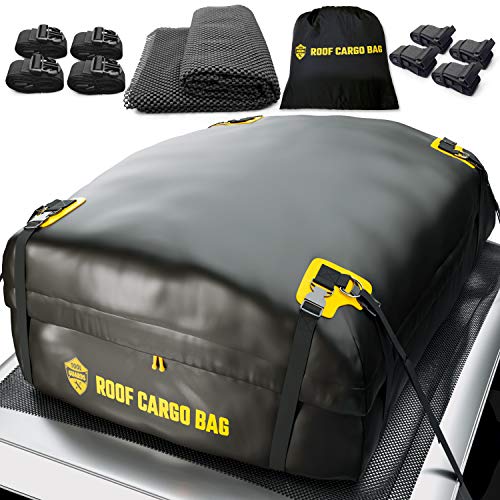 Car Top Carrier Roof Bag | 15 or 20 Cubic ft + Protective Mat - for Cars with or Without Racks