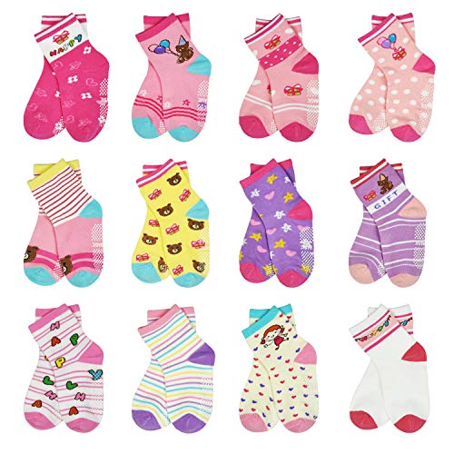 Toddler Socks SkiBeaut 12 Pairs Non Slip Skid Socks For Kids Baby Girls Boys Grips Cotton Crew Socks For 5-7 Years Old