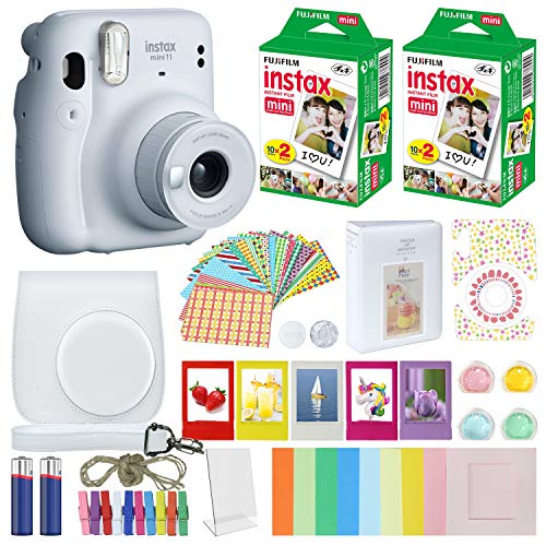 Fujifilm Instax Mini 11 Instant Camera Ice White Compatible Carrying Case + Fuji Instax Film Value Pack (40 Sheets) Accessories Bundle, Color Filters, Photo Album, Assorted Frames…