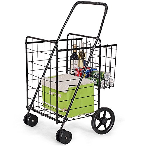 Goplus Folding Shopping Cart Jumbo Double Basket Perfect for Grocery Laundry Book Luggage Travel with Swivel Wheels Utility Cart (Black)