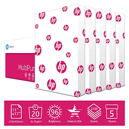 HP Paper Printer Paper 11x17 paper Multipurpose 20 lb 5 Ream Case 2 500 Sheets 96 Bright Made in USA FSC Certified Copy Paper Compatible 172001C, White