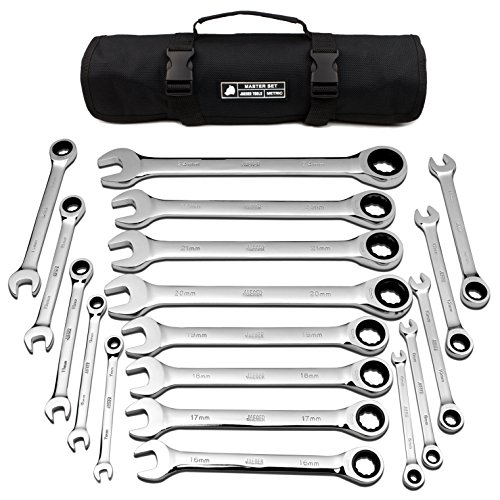 18pc MM/Metric TIGHTSPOT Ratcheting Wrenches MASTER SET - With BEAR KEEPER Rollup Case - Our standard in safety for combination wrench sets from gear to tip