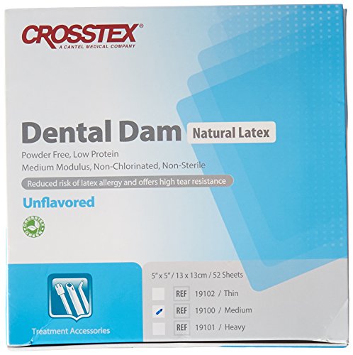 Crosstex 19100 Dental Dam, Latex, Unflavored, Medium Gauge, 5' x 5' Size, Blue (Pack of 52)