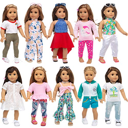 Ecore Fun 10 Sets American 18 Inch Doll Clothes and Accessories Doll Outfits Pajamas Dresses Hair Clips and Sunglasses Fit for American Doll, Our Generation Doll, My Life Doll