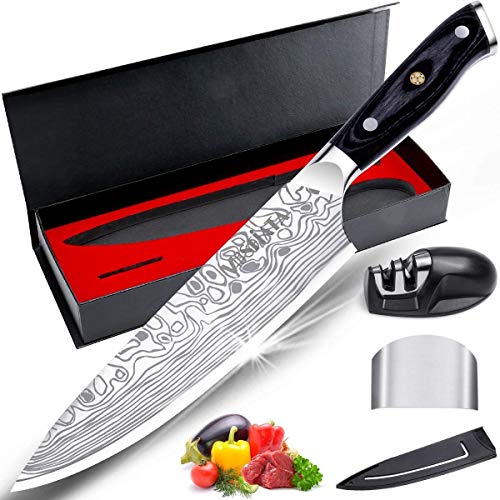 MOSFiATA 8' Super Sharp Professional Chef's Knife with Finger Guard and Knife Sharpener, German High Carbon Stainless Steel 4116 with Micarta Handle and Gift Box