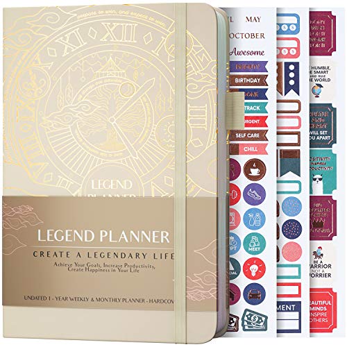 Legend Planner - Deluxe Weekly & Monthly Life Planner to Hit Your Goals & Live Happier. Organizer Notebook & Productivity Journal. A5 Hardcover, Undated - Start Any Time + Stickers - Seashell Gold