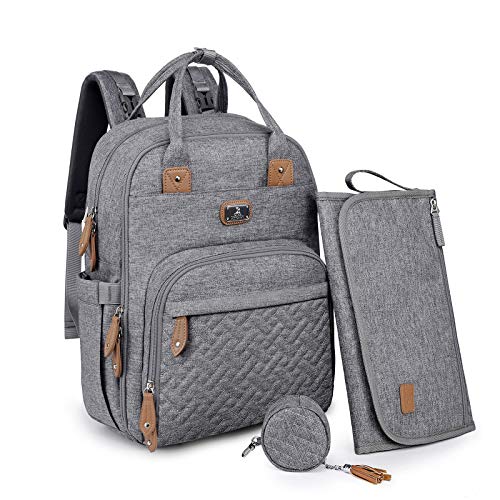 Diaper Bag Backpack with Portable Changing Pad, Pacifier Case and Stroller Straps, Dikaslon Large Unisex Baby Bags for Boys Girls, Multipurpose Travel Back Pack for Moms Dads, Gray