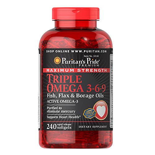 Puritan's Pride Triple Omega 3-6-9 Fish, Flax, and Borage Oils, Omega Fatty Acid Supplement, Purified to Eliminate Mercury, Supports Heart Health, 240 Rapid Release Softgels