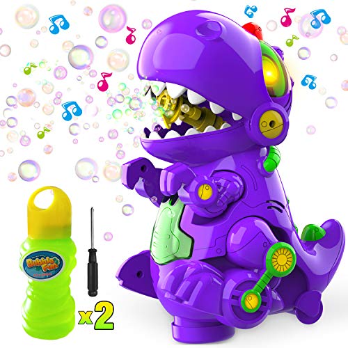 WisToyz Bubble Machine Dinosaur Bubble Blower, Walk & Stay Still Two Settings, Music & Light, Bump N Go Feature, Toddler Toys Bubble Machine for Kids, Two Bottles of Bubble Solution & Screwdriver