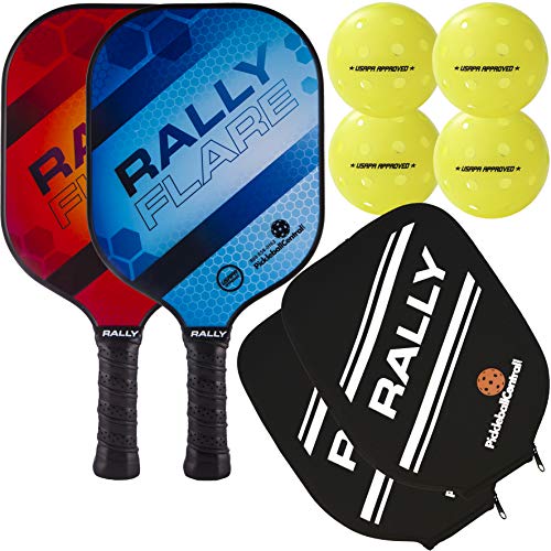 Rally Flare Graphite Pickleball Paddle | Polymer Honeycomb Core, Graphite Hybrid Composite Face | Lightweight | Paddle Cover Included (2-Pack Blue/Red)