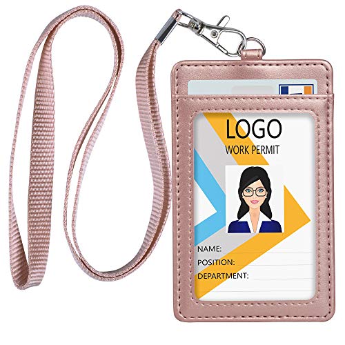 Leather ID Badge Holder, Vertical PU Leather ID Badge Holder with 1 Clear ID Window & 1 Credit Card Slot and a Detachable Neck Lanyard (Rose Gold)