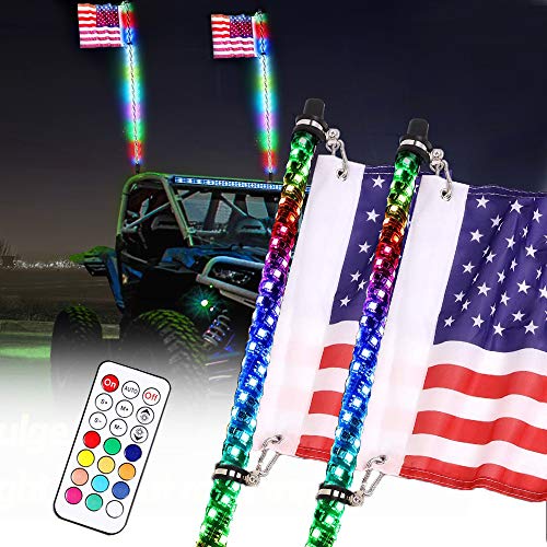 Beatto 2PCS 5FT(1.5M) RF Remote Controll RGB LED Whips Light with Dacning/Chasing Light LED Antenna Light for Off- Road Vehicle ATV UTV RZR Jeep Trucks Dunes.