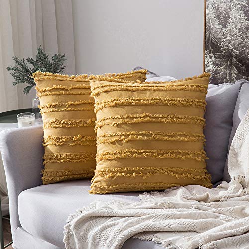 MIULEE Set of 2 Decorative Boho Throw Pillow Covers Cotton Linen Striped Jacquard Pattern Cushion Covers for Sofa Couch Living Room Bedroom 18x18 Inch Yellow