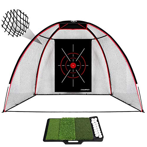 Champkey TEPRO 10' x 7' Golf Hitting Net with Golf Hitting Mat | 5 Ply-Knotless Netting with Impact Target Golf Practice Net | Professional Golf Net Ideal for Backyard Driving