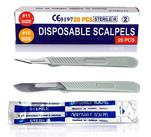 Disposable Scalpel 10 + 11 Pack of 20 Disposable Dermaplaning Blades with Plastic Handle, Surgical Knife Scalpel, High Carbon Steel Dermablade Surgical Blades Individually Wrapped 10 11 Blade Sterile
