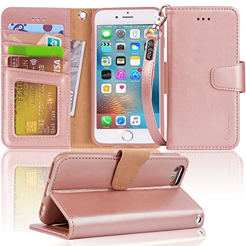 Arae Case for iPhone 6s / iPhone 6, Premium PU Leather Wallet case [Wrist Strap] Flip Folio [Kickstand Feature] with ID&Credit Card Pockets for iPhone 6s / 6 4.7 inch (Rosegold)