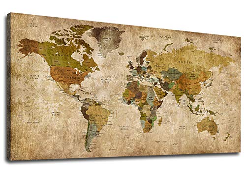 Vintage World Map Wall Art Canvas Picture Large Antiqued Map of The World Canvas Painting Artwork Prints for Office Wall Decor Home Living Room Decorations Framed Ready to Hang 20' x 40'