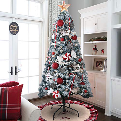 KINGSO 6ft Christmas Tree Pre-Lit Snow Flocked Hinged Christmas Trees Premium Artificial Christmas Pine Tree Full White Xmas Tree Christmas Holiday Decorations with Metal Foldable Stand