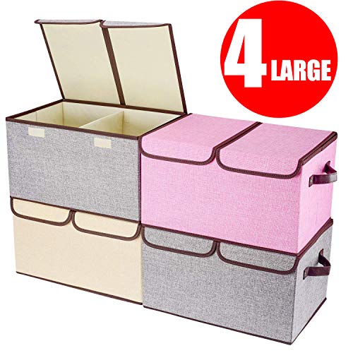 Larger Storage Cubes [4-Pack] Senbowe Linen Fabric Foldable Collapsible Storage Cube Bin Organizer Basket with Lid, Handles, Removable Divider For Home, Nursery, Closet - (17.7 x 11.8 x 9.8”)