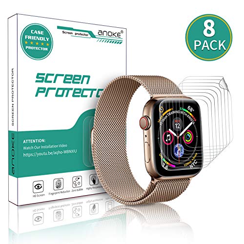 [8 Pack] AnoKe for Apple Watch iWatch 38mm / 40mm Screen Protector (Series 6/SE/5/4 Series 3/2/1),Liquid Skin [Max Coverage] Curved Edge Case Band Friendly Lifetime Replacement Warranty 38mm /40mm