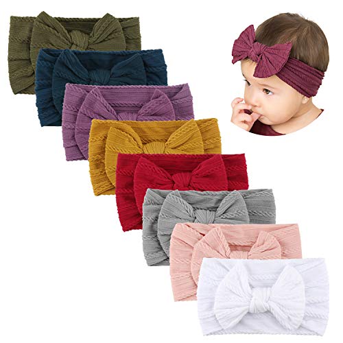 Makone Handmade Baby Headbands Stretchy Nylon Headband with Bows for Infant Baby Toddler Girls- Pack of 8