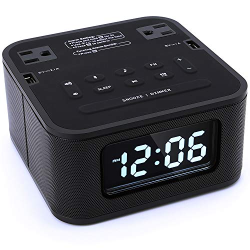 Homtime Radio Alarm Clock Charger with 2 Outlets and 2 USB Ports Charging Station/Wireless Bluetooth Speaker/Micro SD/Snooze / 4 Dimmer/Battery Backup/Digital Clock for Bedrooms, Black