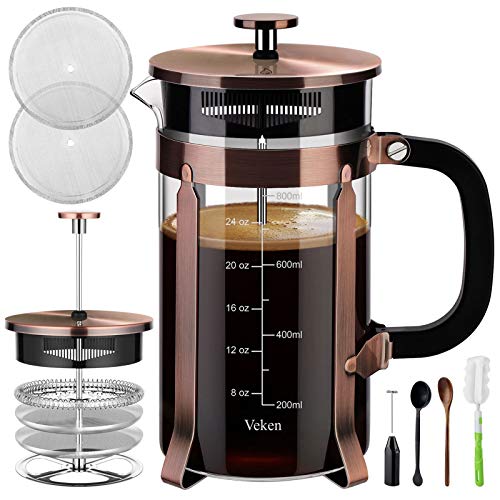 Veken French Press Coffee Maker (34 oz), 304 Stainless Steel Coffee Press with 4 Filter Screens, Durable Easy Clean Heat Resistant Borosilicate Glass - 100% BPA Free, Copper