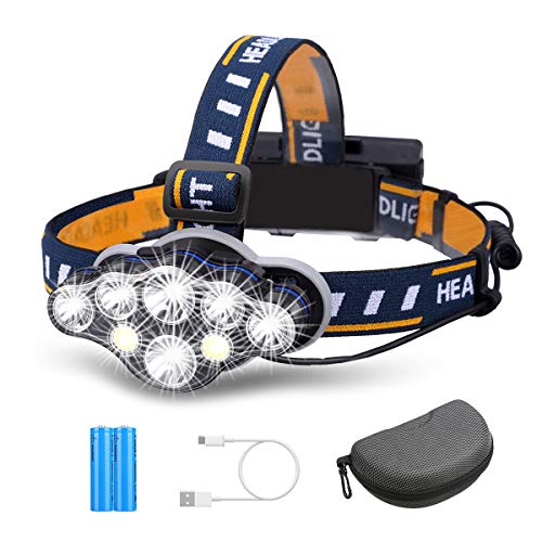 Rechargeable Headlamp, OUTERDO 8 LED Headlamp Flashlight 13000 Lumens 8 Modes with USB Cable 2 Batteries, Waterproof LED Head Torch Head Light with Red Light for Camping Fishing, Car Repair, Outdoor