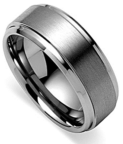 King Will BASIC Men's Tungsten Carbide Ring 8mm Polished Beveled Edge Matte Brushed Finish Center Wedding Band(9.5)