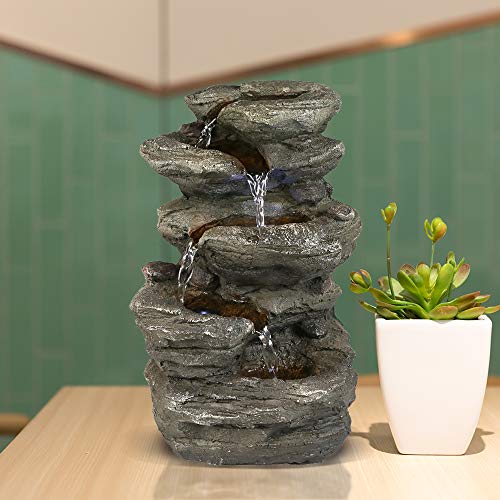 BBabe Staggered Rock Cascading Fountain 11', 5-Tiered Feng Shui Rocky Water Falls Tabletop Water Fountain with LED Lights for Home Office Decor