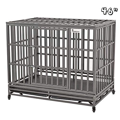 SMONTER 46' Strengthened Heavy Duty Dog Crate Strong Metal Pet Kennel Playpen with Two Prevent Escape Lock, Large Dogs Cage with Wheels, Dark Silver