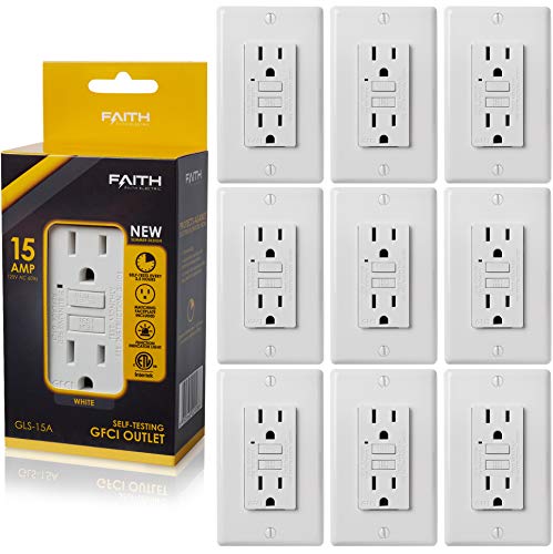 Faith [10-Pack] 15A GFCI Outlets Slim, Non-Tamper-Resistant GFI Duplex Receptacles with LED Indicator, Self-Test Ground Fault Circuit Interrupter with Wall Plate, ETL Listed, White, 10 Piece