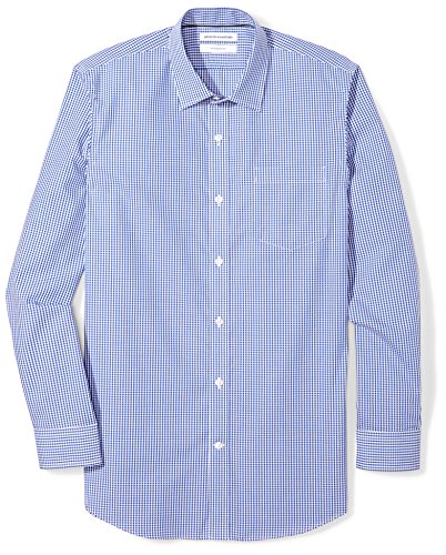Amazon Essentials Men's Slim-Fit Wrinkle-Resistant Long-Sleeve Dress Shirt, Blue Gingham Plaid, 16.5' Neck 34'-35' Sleeve