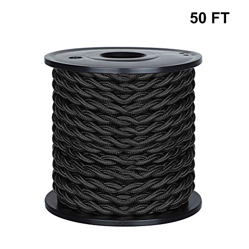 [UL Listed] 50ft Twisted Cloth Covered Wire, Carry360 Antique Industrial Electronic Wire, 18-Gauge 2-Conductor Vintage Style Fabric Lamp/Pendant Cloth Cord Cable (Black)