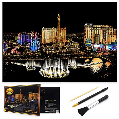 Scratch Art Rainbow Painting Paper, Sketch Pad DIY Night View Scratchboard for Kids & Adults, Engraving Art & Craft Set, Scratch Painting Creative Gift, 16'' x 11.2'' with 3 Tools (Las Vegas-America)