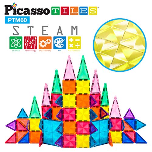 PicassoTiles 60 Piece Magnetic Building Block Mini Diamond Series Travel Size On-The-Go Magnet Construction Toy Set STEM Learning Kit Educational Playset Child Brain Development Stacking Blocks PTM60