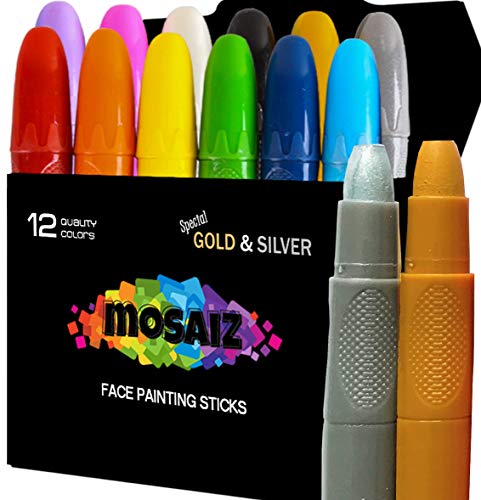 Face Paint Crayon 12 Colors with Gold and Silver Face Painting Sticks for Kids Washable Twistable Crayons Kit for Kids Face Hair Body Paint Water Based Set Halloween Makeup Marker