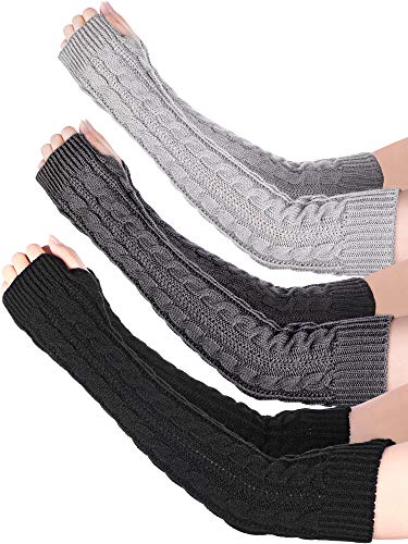3 Pairs Arm Warmers Long Fingerless Gloves Knit Wrist Warmers with Thumb Hole for Women Girls (Black, Light Grey, Dark Grey)