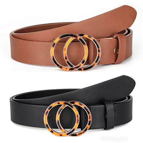 2 Pack Fashion Double O Ring Women Belts for Jeans Dress, Stylish Circle Removeable Buckle and Nice Pu Faux Leather