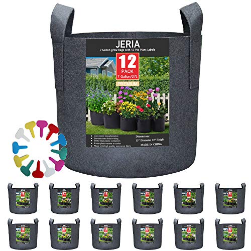 JERIA 12-Pack 7 Gallon, Vegetable/Flower/Plant Grow Bags, Aeration Fabric Pots with Handles (Black) ，Come with 12 Pcs Plant Labels