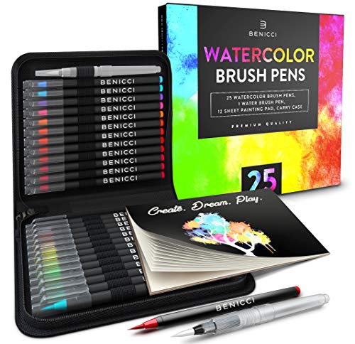 Artist Watercolor Brush Pens Set of 26 – Vibrant Markers with Bonus 1 Water Brush Pen – 25 Colors Flexible Nylon Tips – Paper Pad & Carry Case – Non-Toxic Safe & Fun Watercolors in Gift Ready Package
