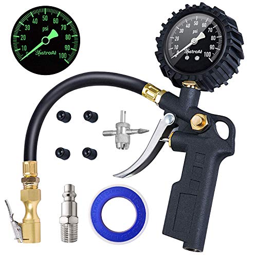 AstroAI Tire Inflator with Pressure Gauge, 100 PSI Air Chuck and Compressor Accessories Heavy Duty with Large 2.5' Easy Read Glow Dial, Durable Rubber Hose and Quick Connect Coupler