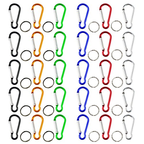 Wobe 30 Pack of 2inch Carabiner Clip with 30pcs Keyrings, Aluminum Carabiners Clip D-Ring Spring Loaded Gate Small Keychain Mini Lock Hooks Spring Snap Link Key Chain Multicolor D Shape