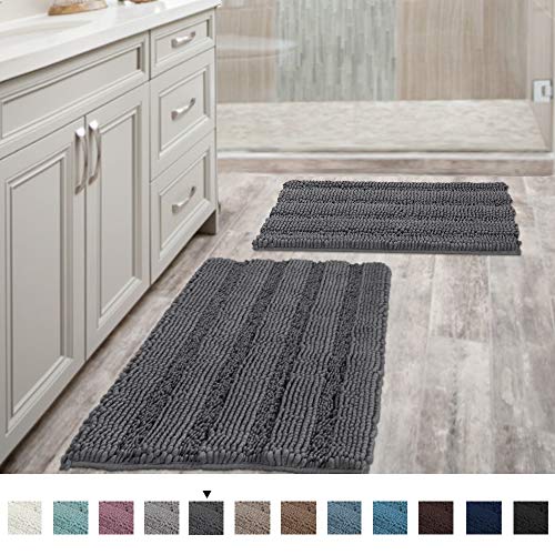 Grey Bath Mats for Bathroom Non Slip Ultra Thick and Soft Chenille Plush Striped Floor Mats Bath Rugs Set, Microfiber Door Mats for Kitchen/Living Room (Pack 2-20' x 32'/17' x 24')