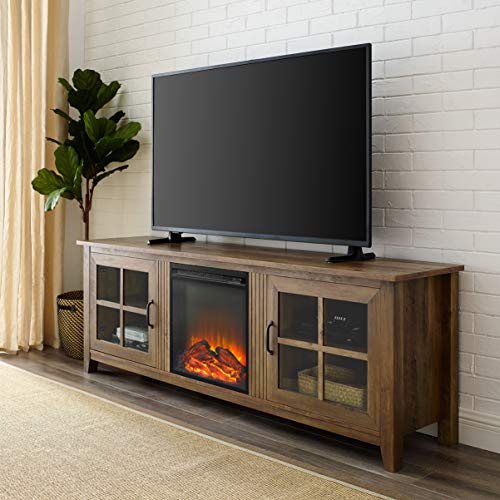 Walker Edison Furniture Company Modern Farmhouse Wood Fireplace Universal Stand with Cabinet Doors for TV's up to 80' Flat Screen Living Room Storage Entertainment Center, 70 Inch, Reclaimed Barnwood