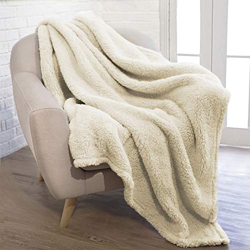 PAVILIA Plush Sherpa Throw Blanket for Couch Sofa | Fluffy Microfiber Fleece Throw | Soft, Fuzzy, Cozy, Shaggy, Lightweight | Solid Ivory Cream Blanket | 50 x 60 Inches