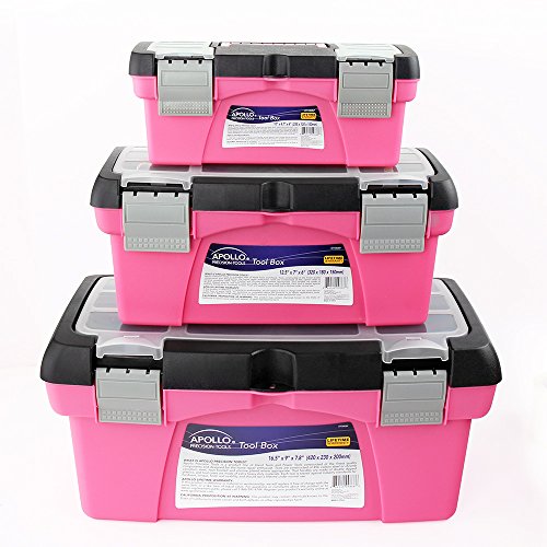 Apollo Tools Set of 3 Pink Stackable Tool Boxes with Top Compartment and Removable Trays for Crafts, Tool Storage - Pink Ribbon - DT5005P