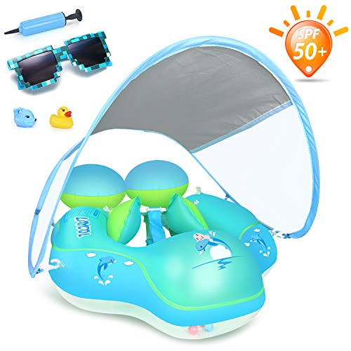 LAYCOL Baby Swimming Float with Sun Canopy Over UPF50+ ， Baby Floats for Pool Add Tail Never Flip Over (Blue, L)
