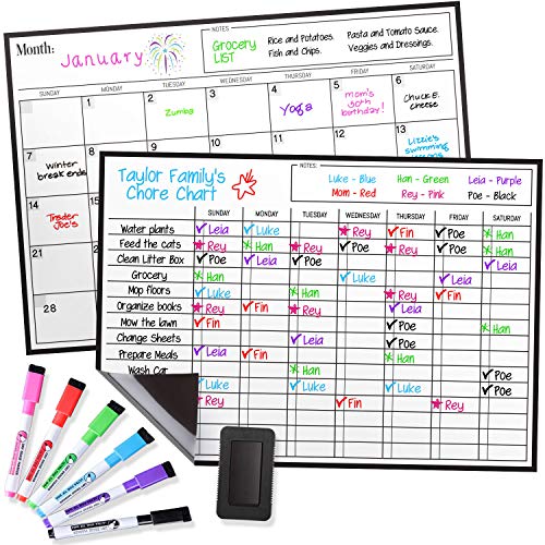 Magnetic Dry Erase Chore Chart and Calendar Bundle for Fridge: 2 Boards Included - 17x12' - 6 Fine Tip Markers and Large Eraser with Magnets, Refrigerator White Board Wall Chores Chart for Kids